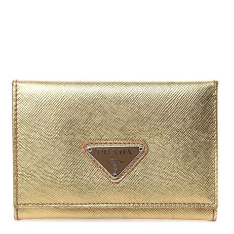 PRADA Metallic Saffiano Triangle Card Holder Platino